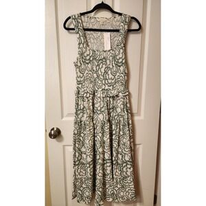 Nanette Lepore Smocked Midi Dress Green White Laurel Wreath Print Small NWT